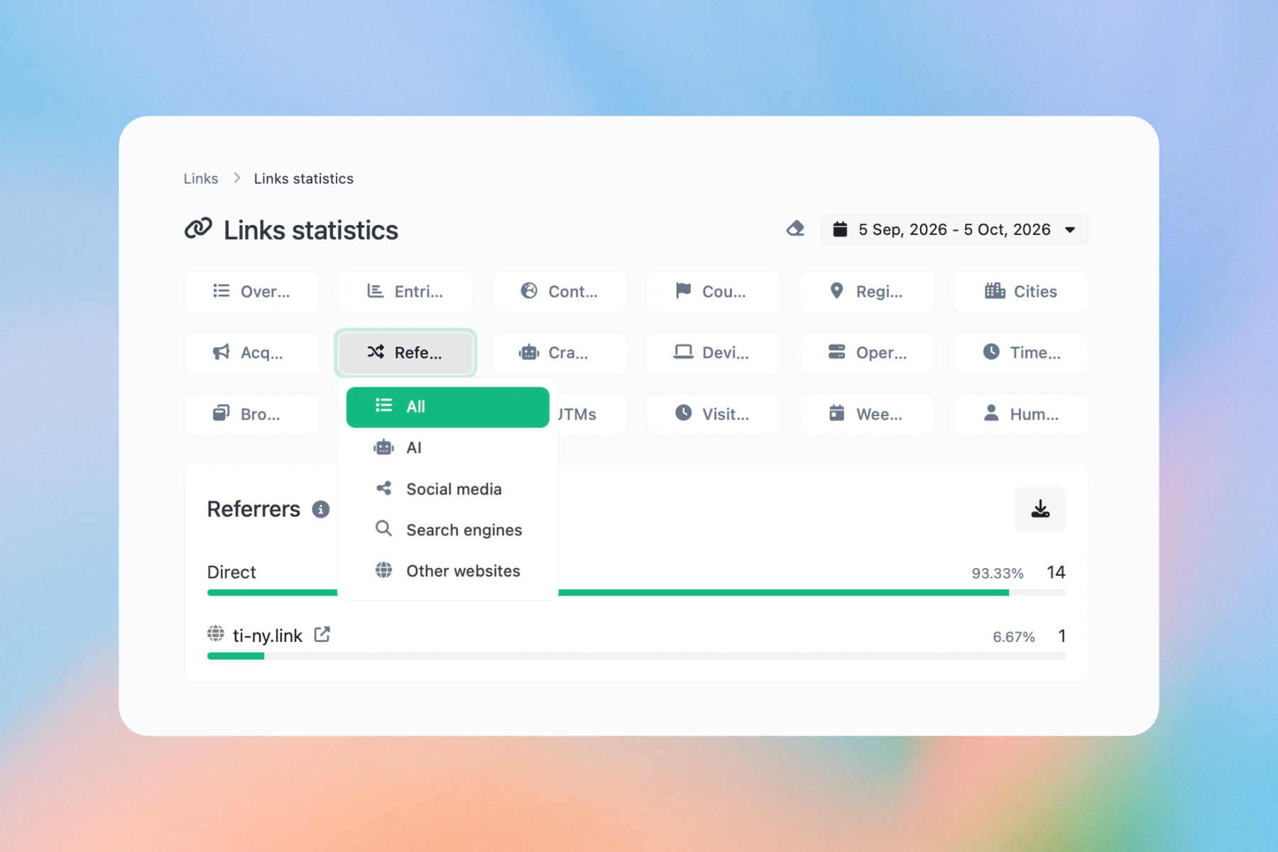 Referrers report with All, AI, Social media, Search engines and Other websites filters