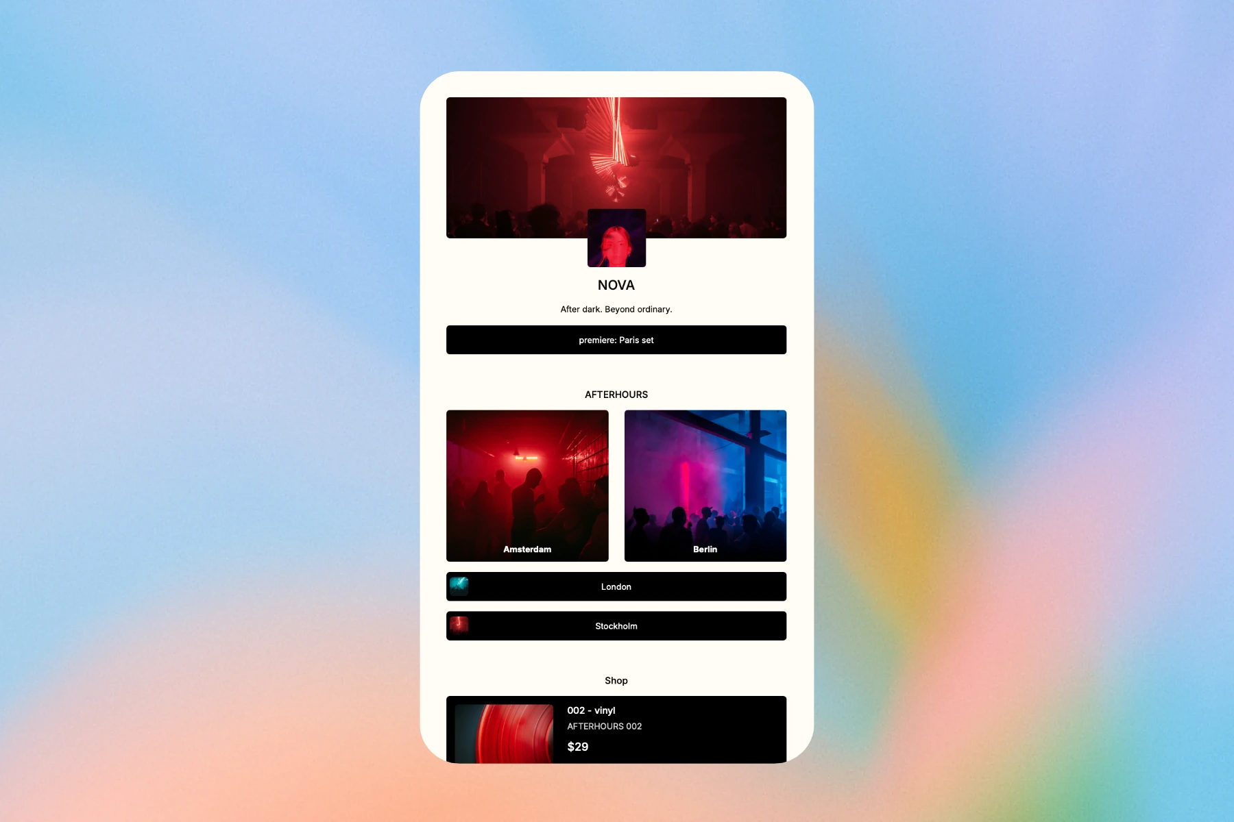 NOVA creator bio page on mobile with a profile header, featured link, AFTERHOURS city links and a shop section