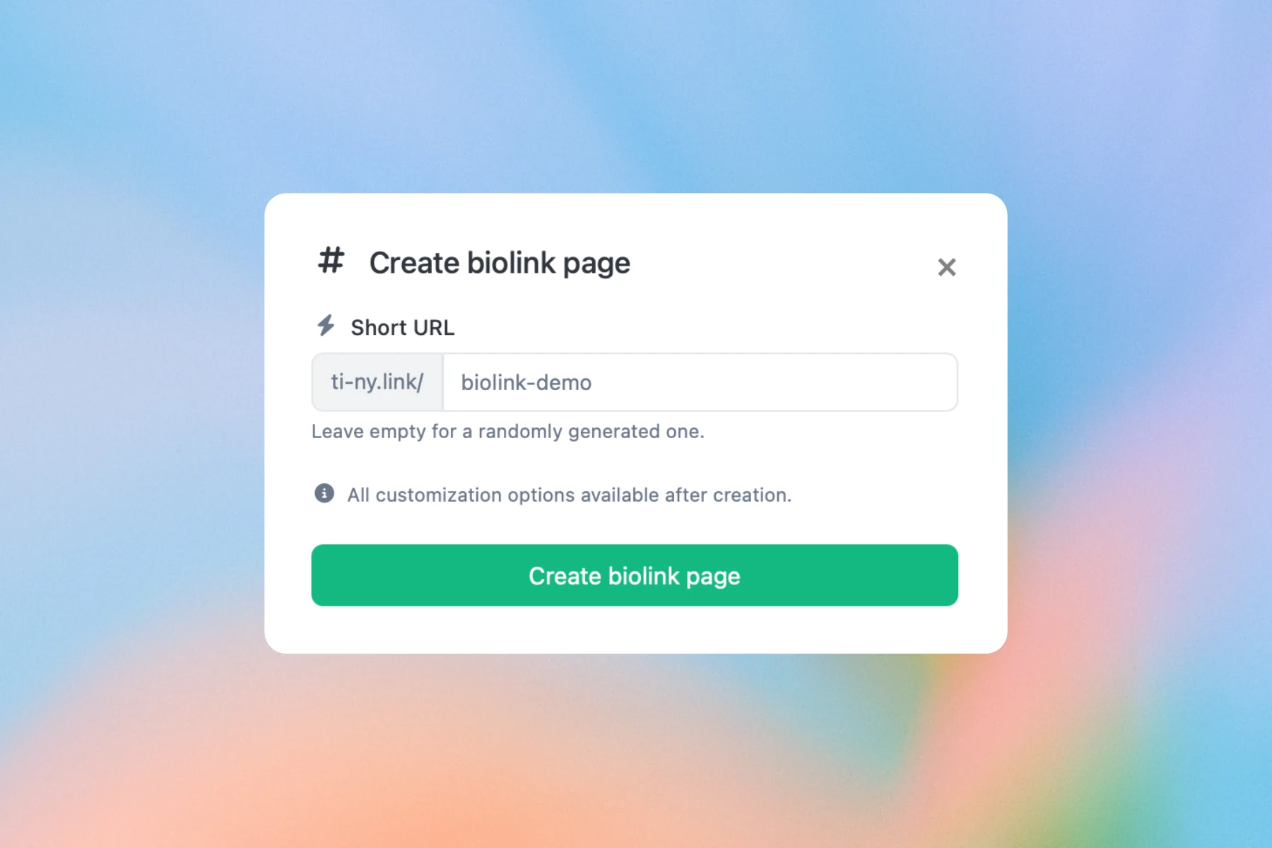 Create biolink page form with biolink-demo entered as the example short address for NOVA