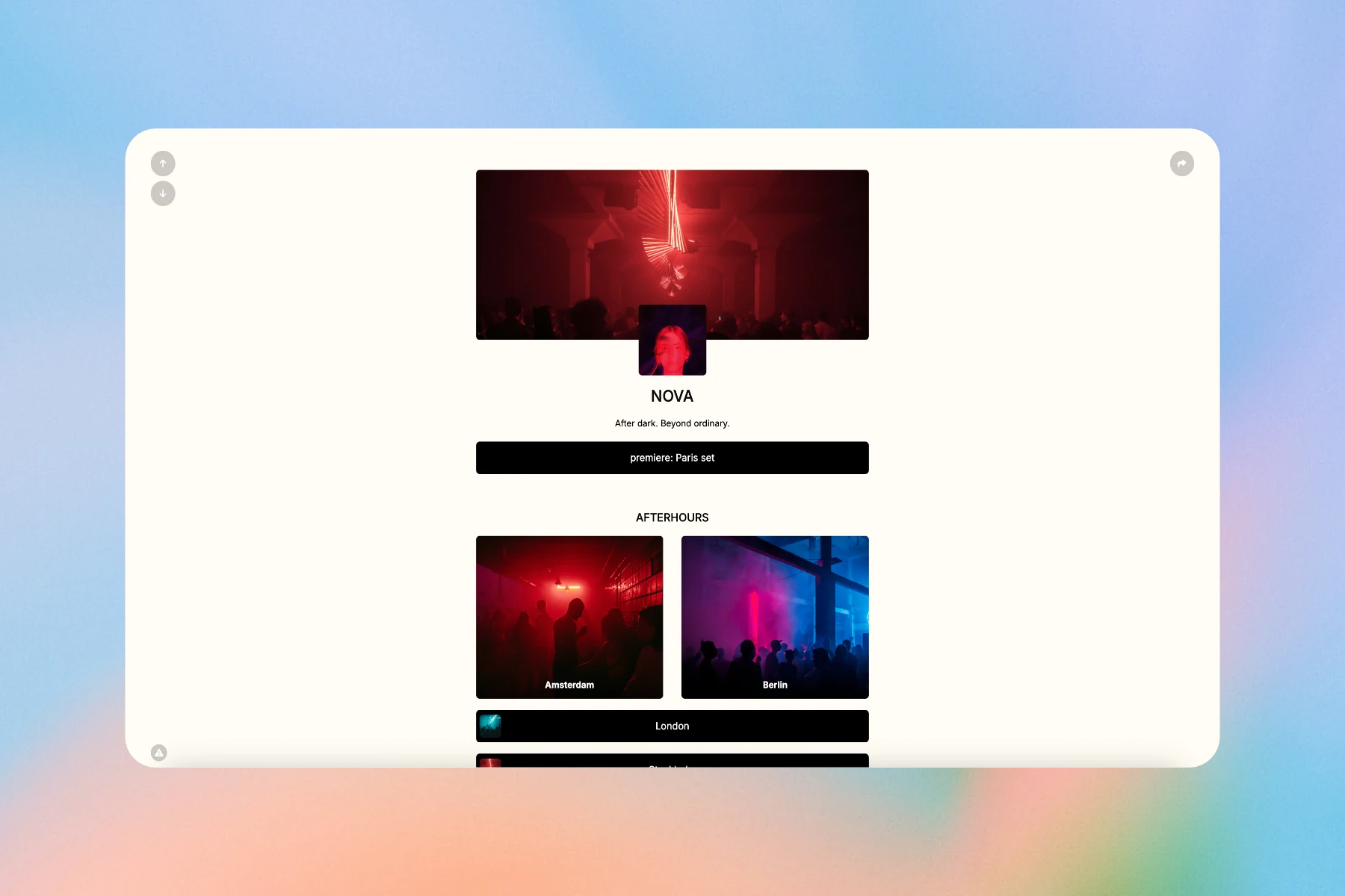 NOVA creator bio page with a red club banner, profile image, featured link and AFTERHOURS image cards
