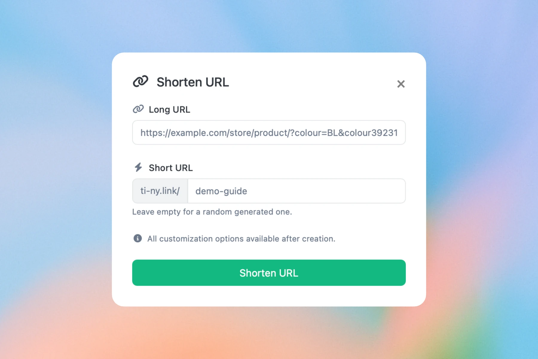 Shorten URL form with an example destination and the demo-guide short-link alias