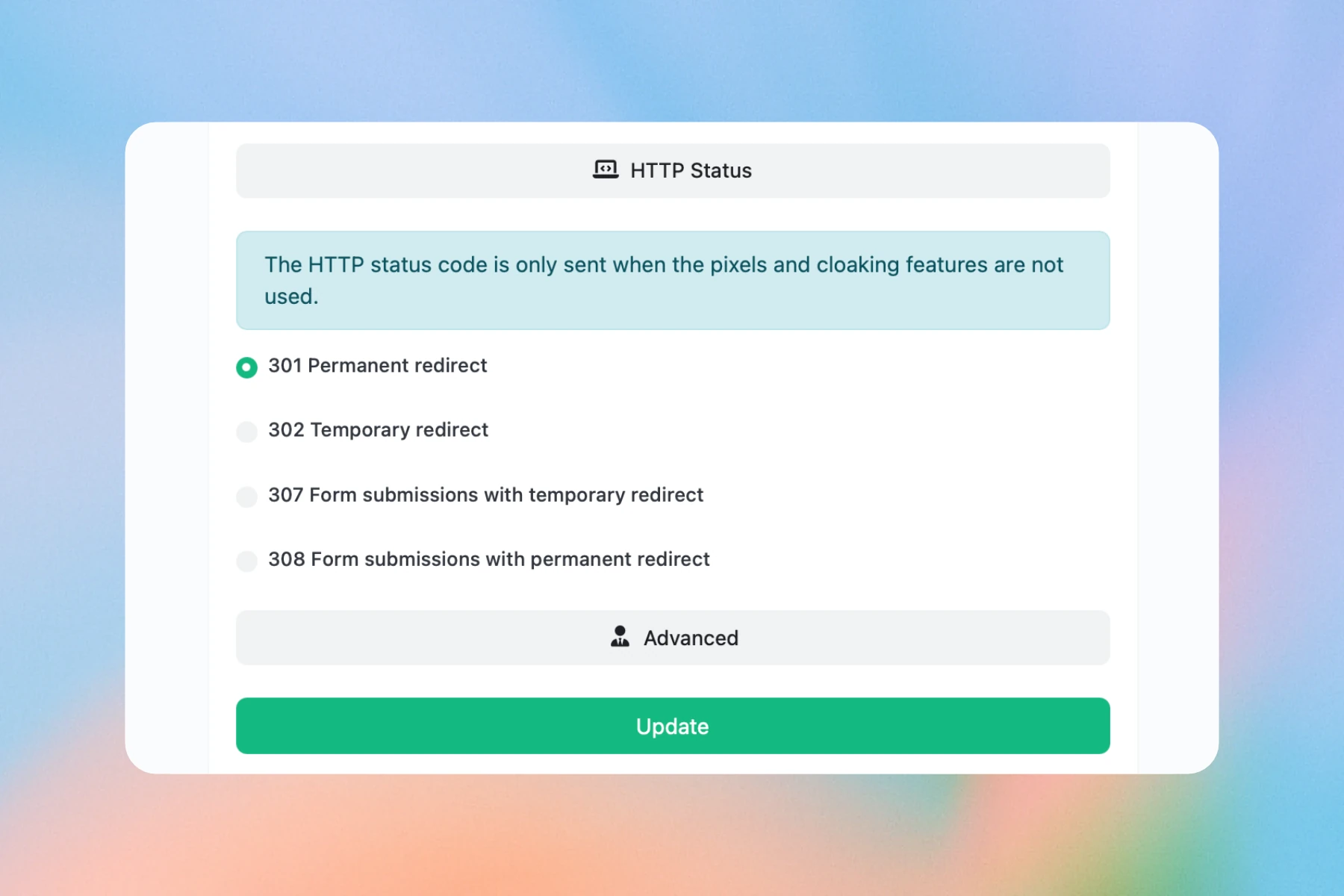 HTTP Status settings with 301 Permanent redirect selected and 302, 307 and 308 options visible