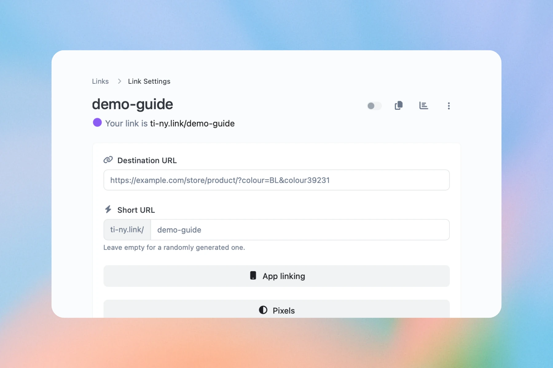 Link settings showing separate Destination URL and Short URL fields for demo-guide