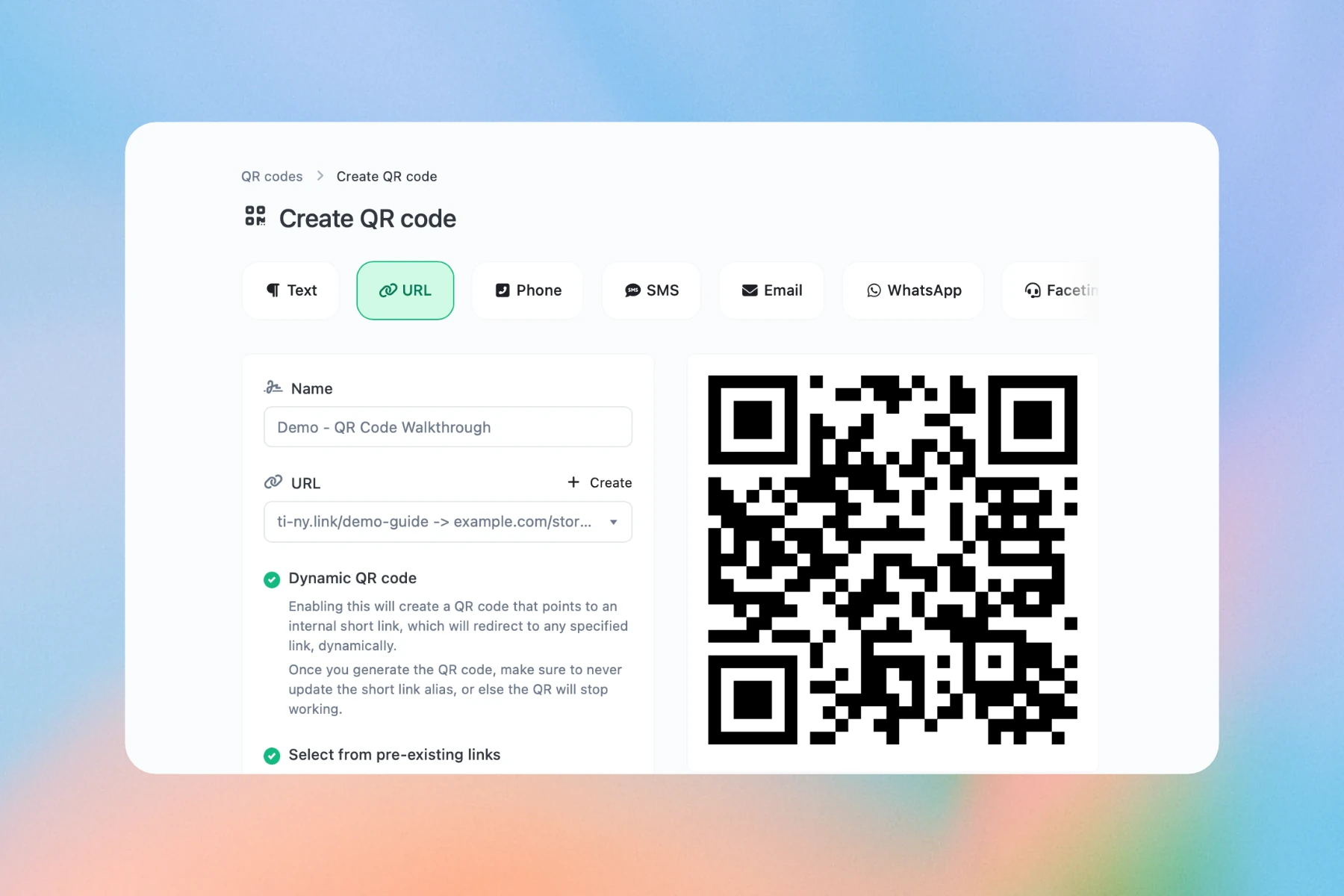 Create QR code form with Dynamic QR code enabled and the demo-guide short link selected