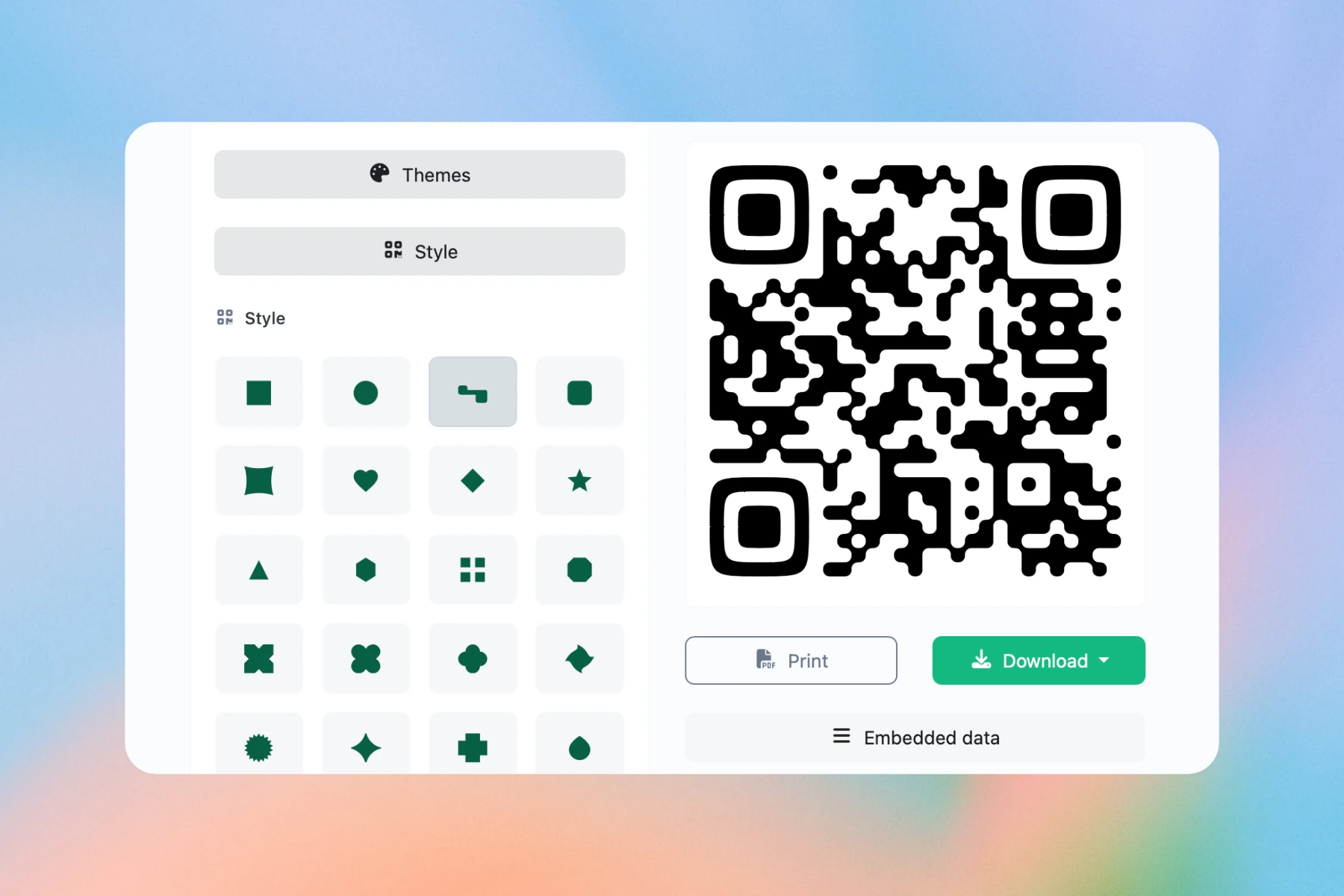 QR-code style options beside a black QR code with rounded patterns