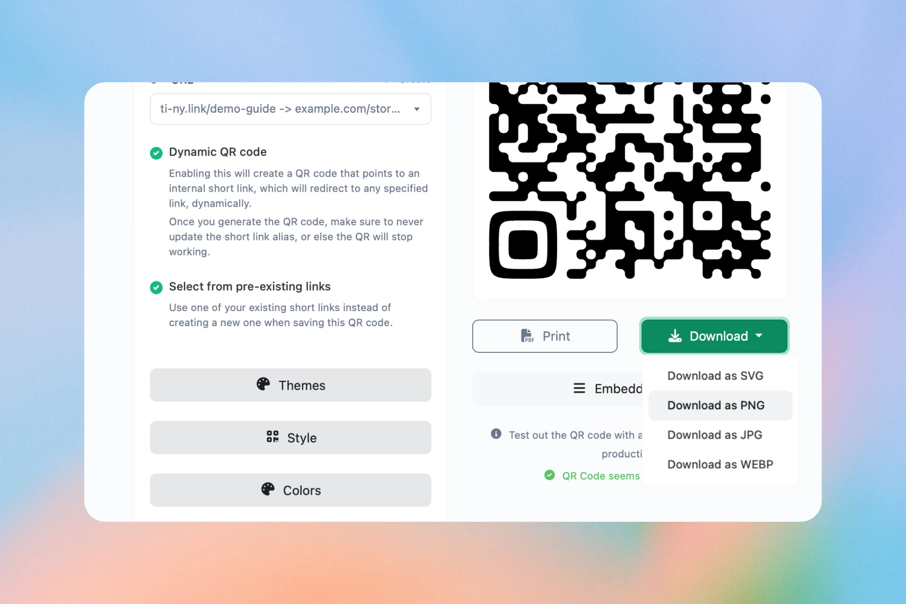 QR-code Download menu offering SVG, PNG, JPG and WEBP formats