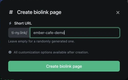 ti-ny.link bio-page creation controls for choosing the page address