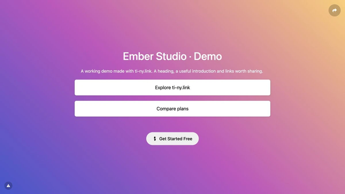 Ember Studio demo bio page with a heading, introduction, Explore ti-ny.link link and Compare plans link