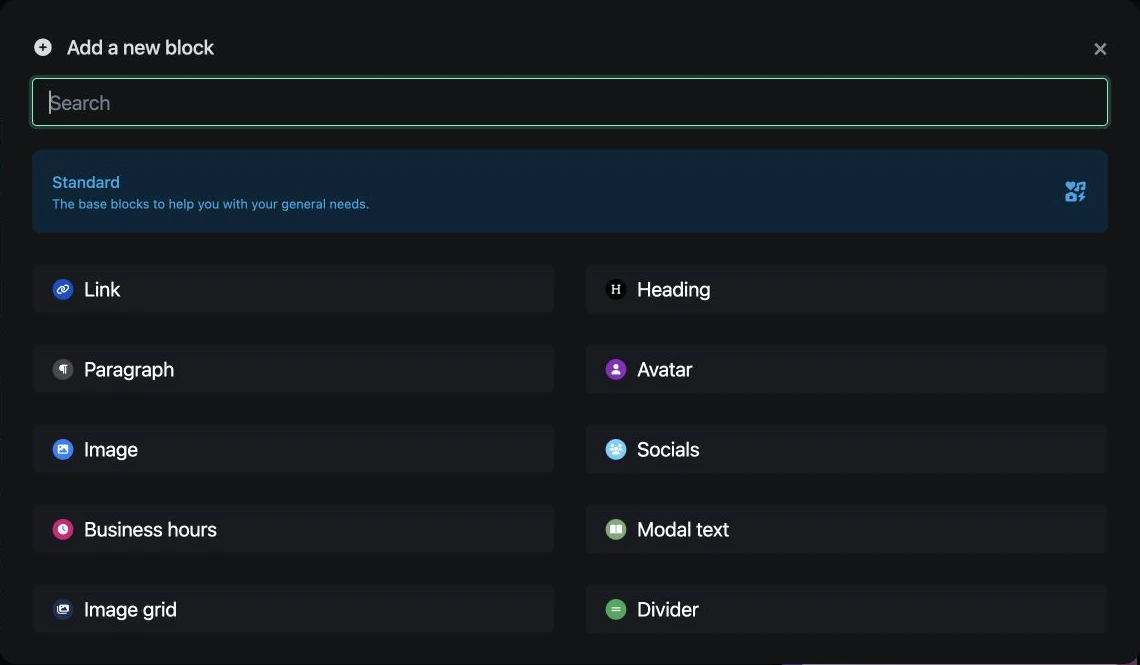The Add a new block catalogue in ti-ny.link showing Standard block choices
