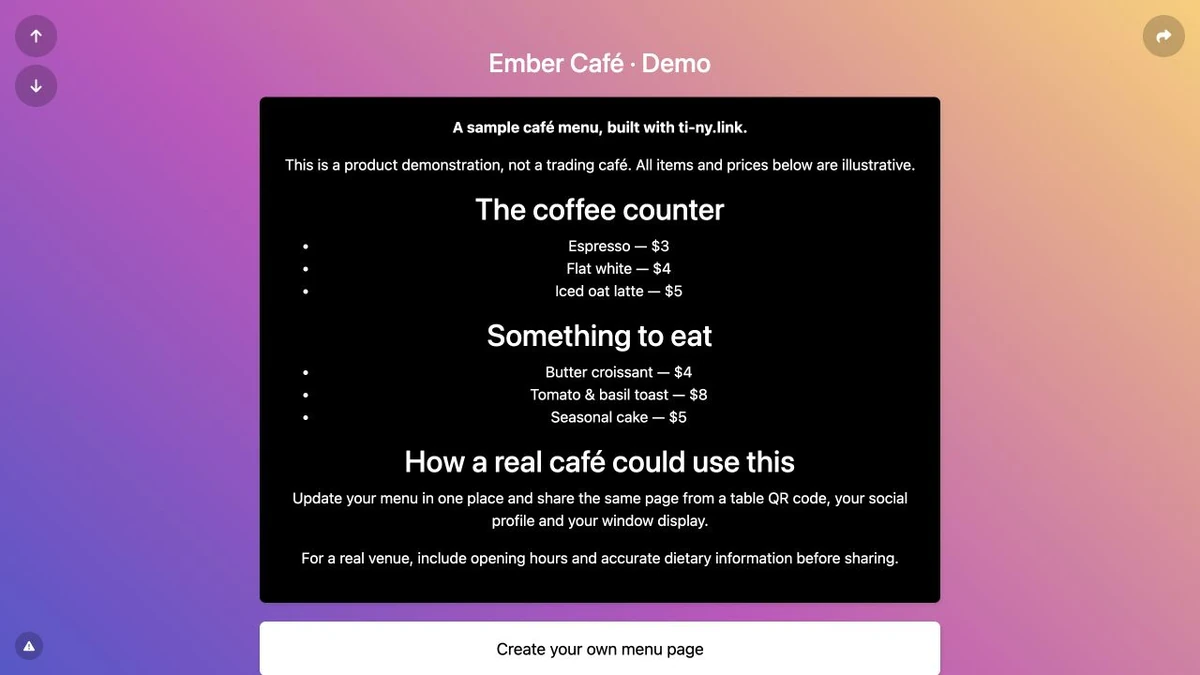 Ember café demo bio page with a heading, sample menu in a Markdown block and a link to create a menu page