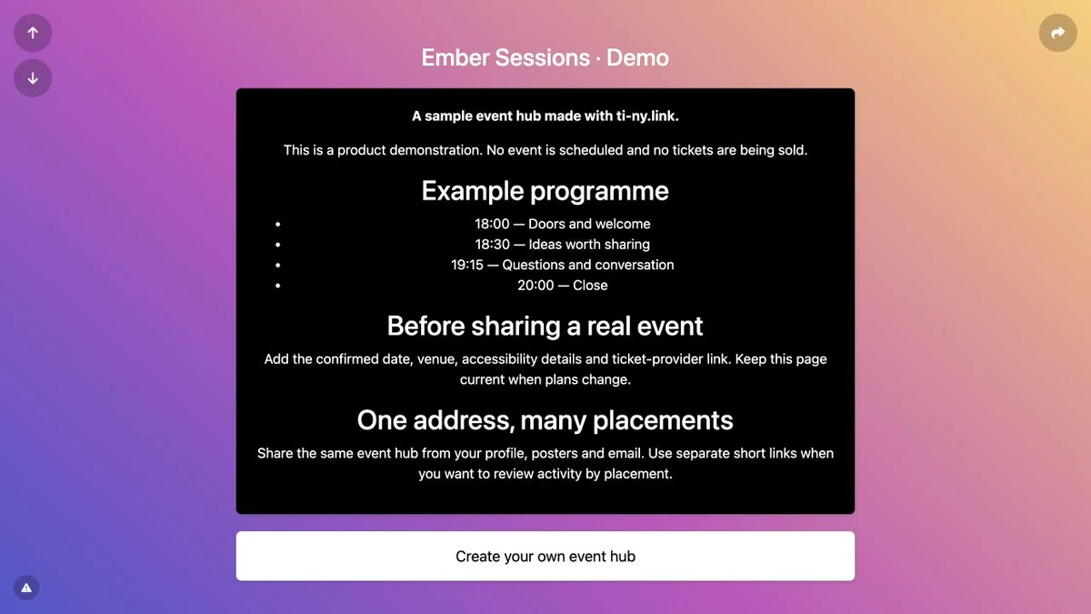 Ember Sessions demo bio page with a heading, a fictional programme in a Markdown block and a link to create an event hub