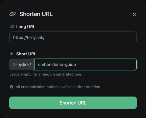 Formulario de creación de URL acortadas de ti-ny.link con controles de destino y alias