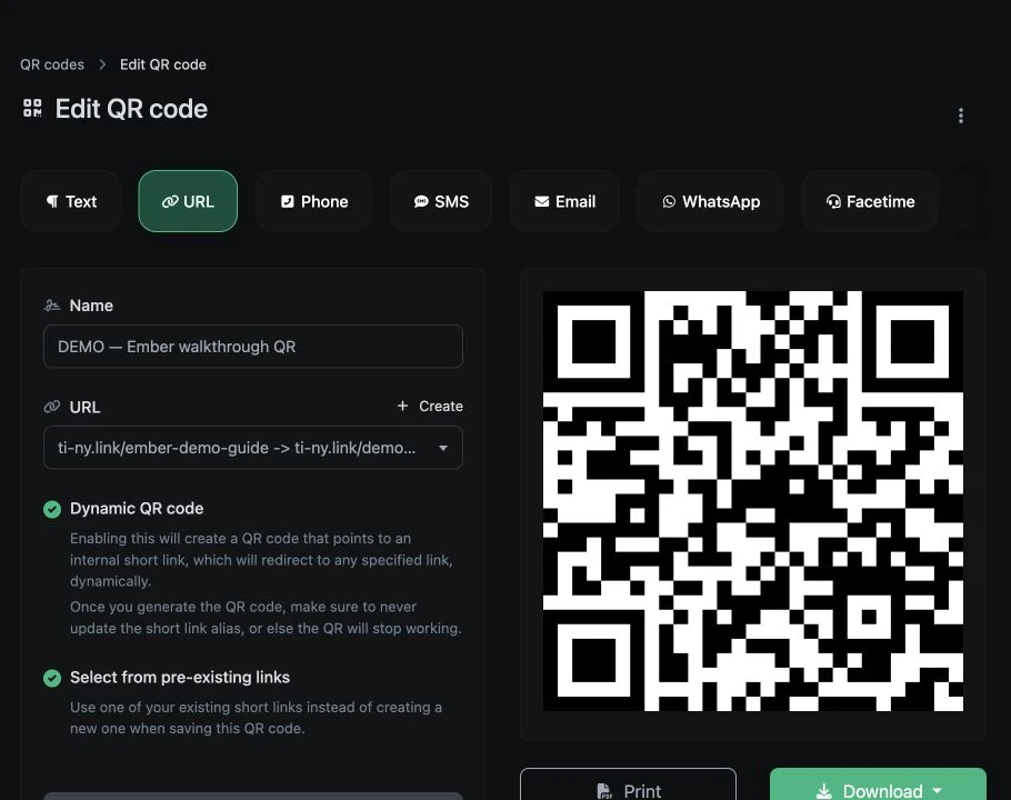Formulario de códigos QR dinámicos de ti-ny.link con un enlace corto existente seleccionado