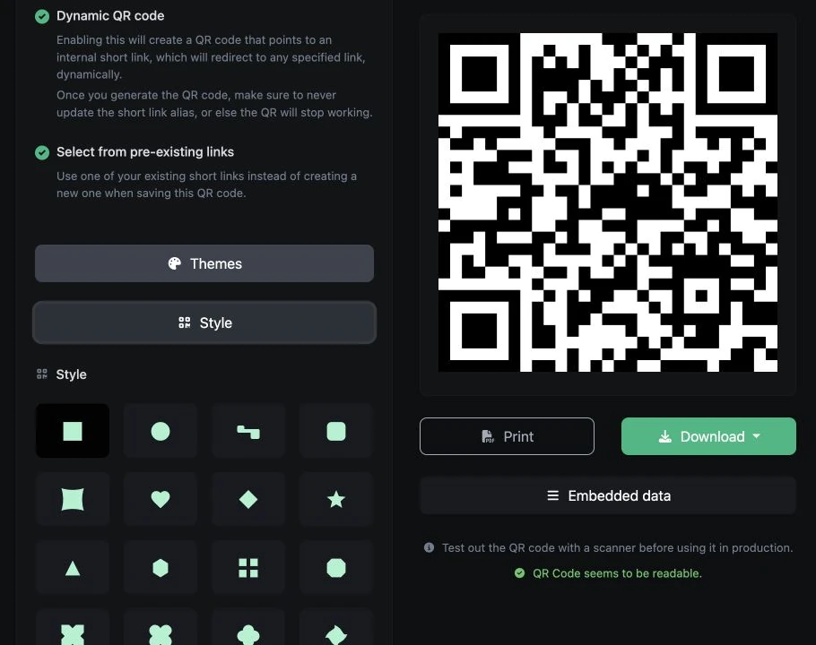 Controles de estilo y diseño de un código QR de demostración de ti-ny.link