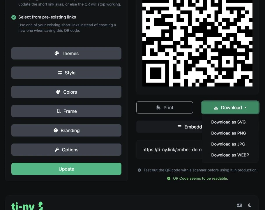 Opciones de descarga de un código QR de demostración guardado de ti-ny.link